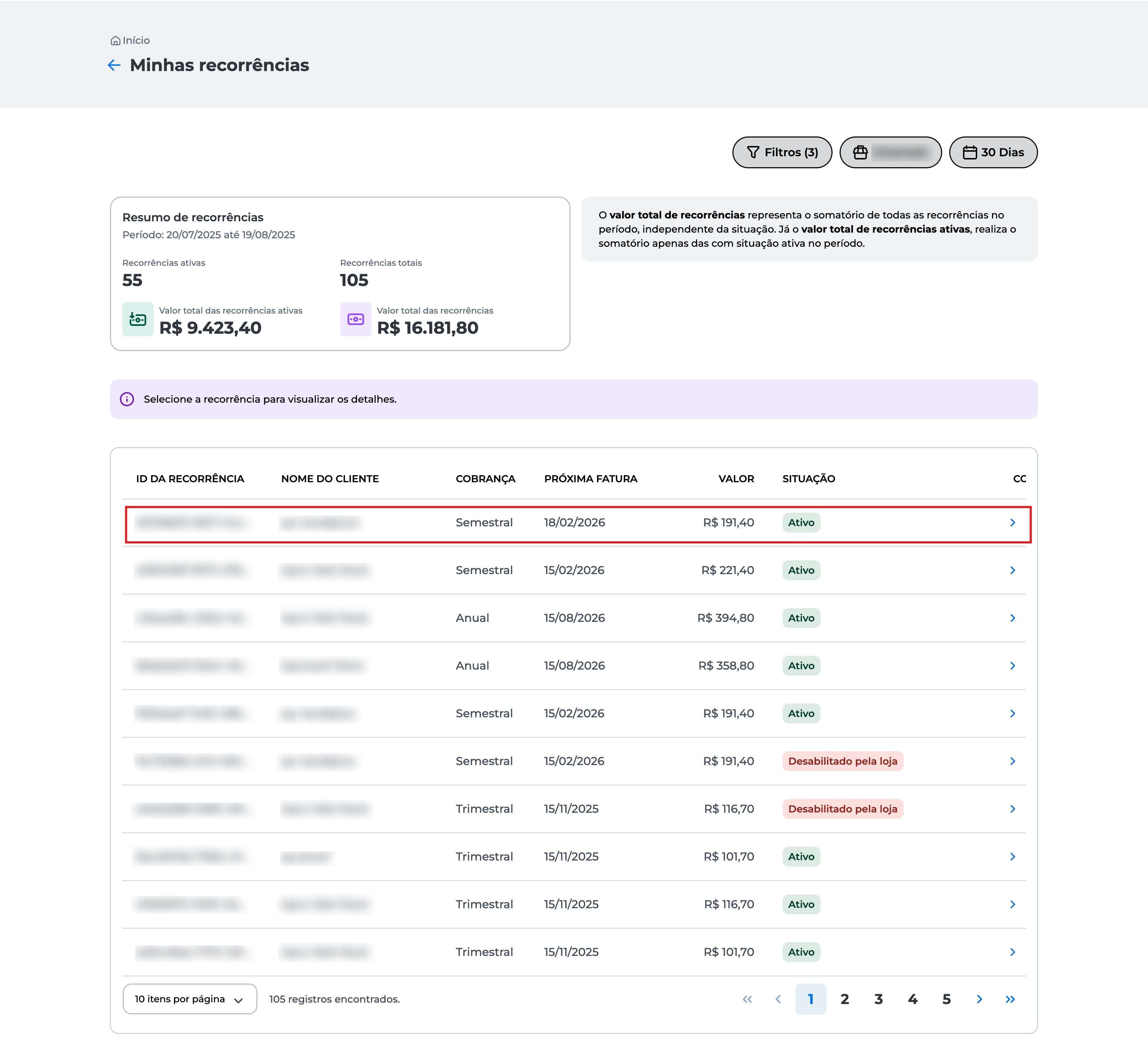 Tela "Minhas Recorrências" do Portal E-commerce da Cielo, exibindo uma lista de transações com ícones de seta azul ao lado de cada item para acessar os detalhes.