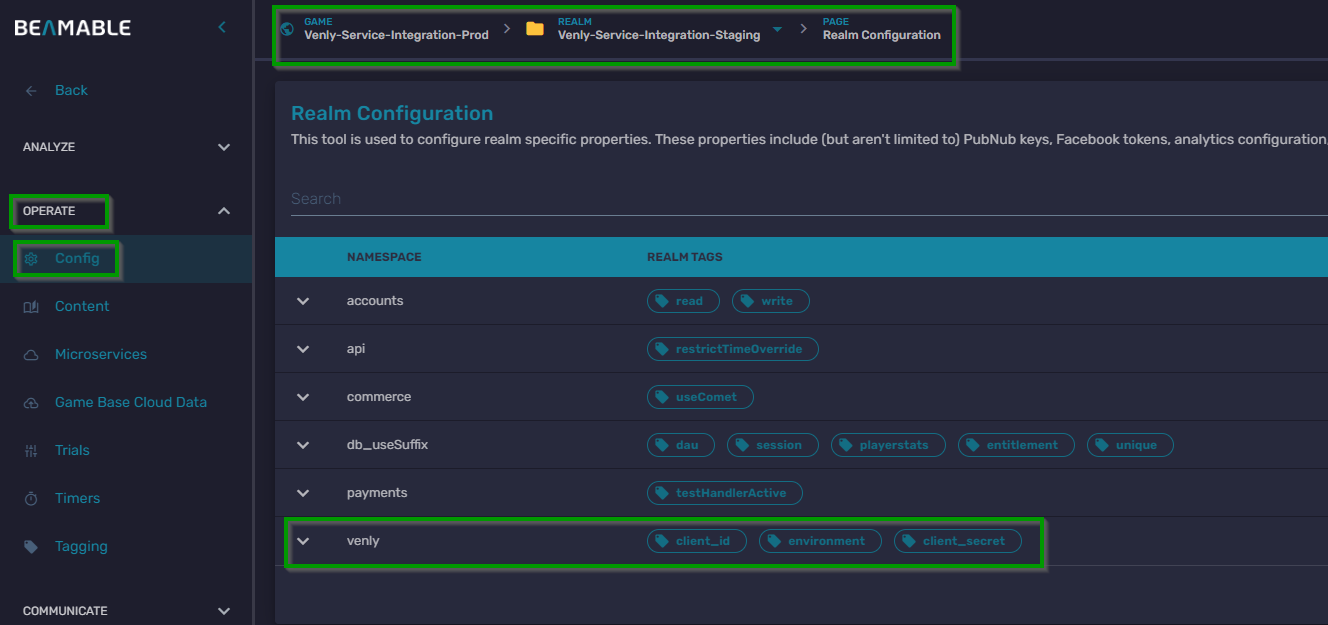 Config menu in the Beamable Portal