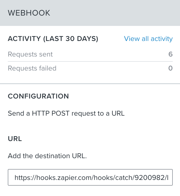 Webhook action configuration with an example destination URL
