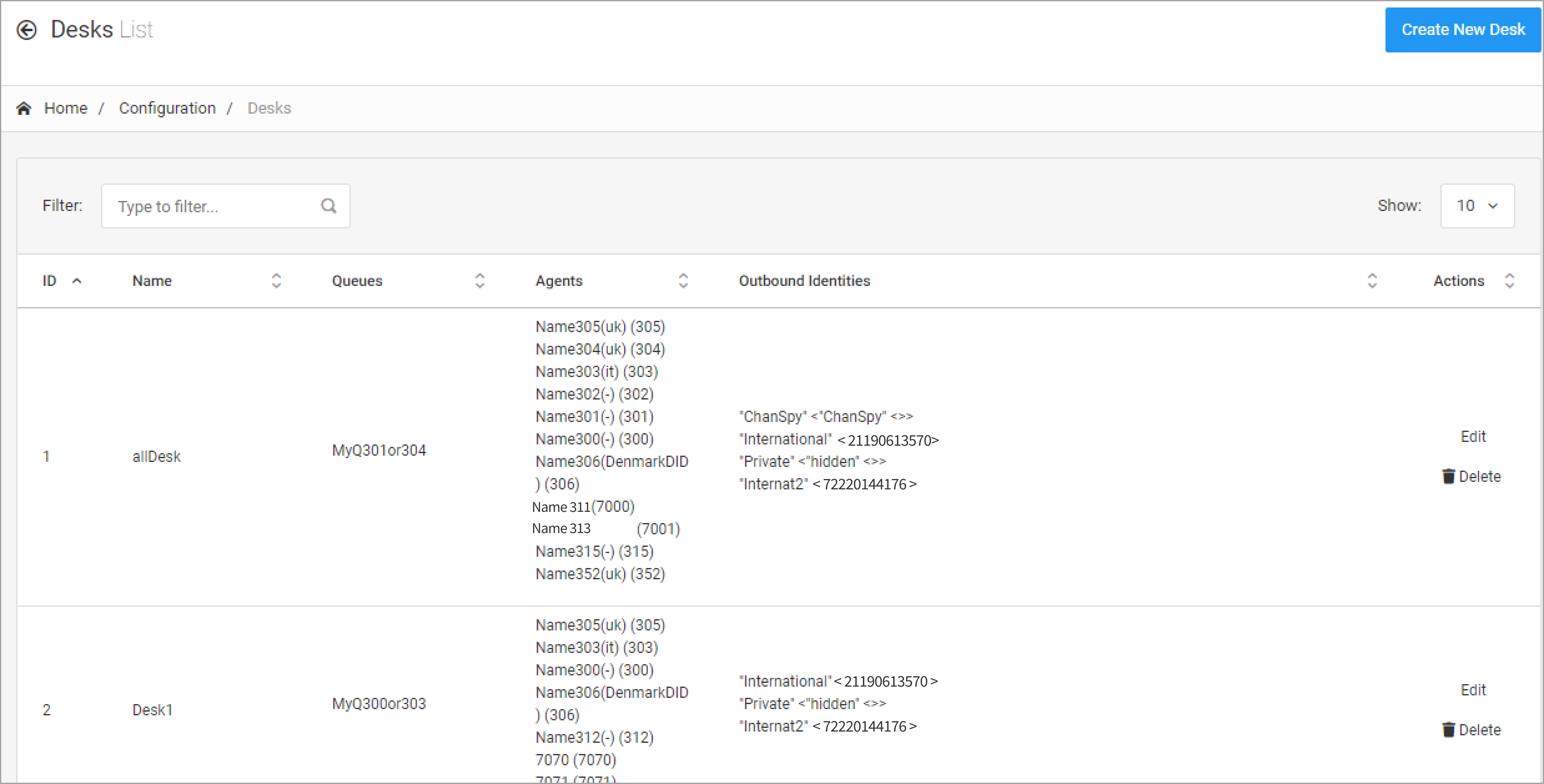 Screeenshot of the **Configuration > Desks** tab