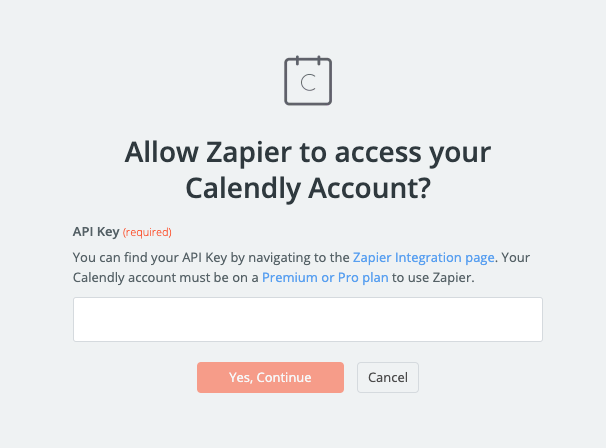 Calendly authorization pop-up in Zapier