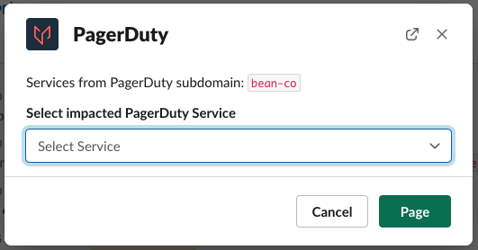 A screenshot of the Slack UI prompting the user to select a PagerDuty service