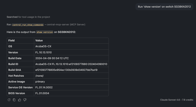 The output of a show command returned inline in the chat