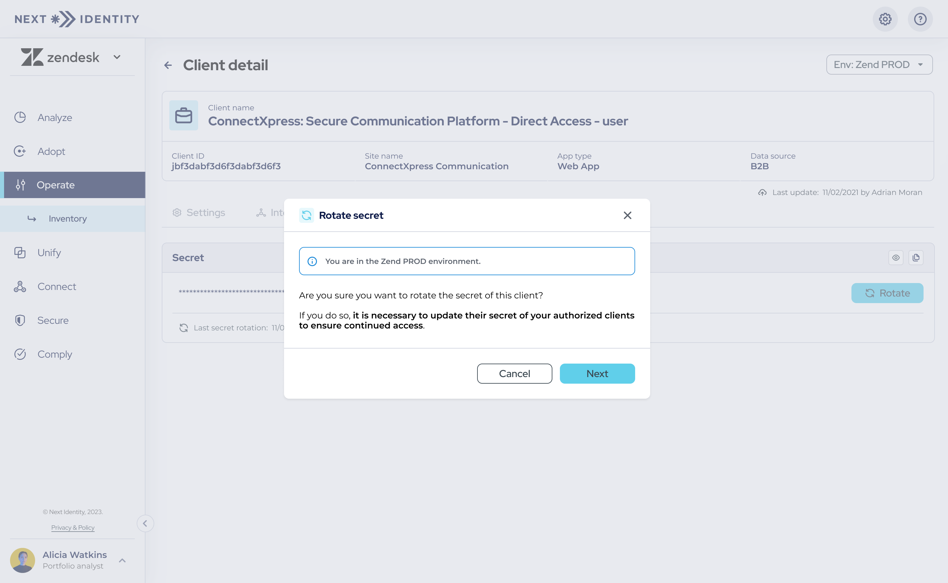 A confirmation dialog for verifying the environment during secret rotation.