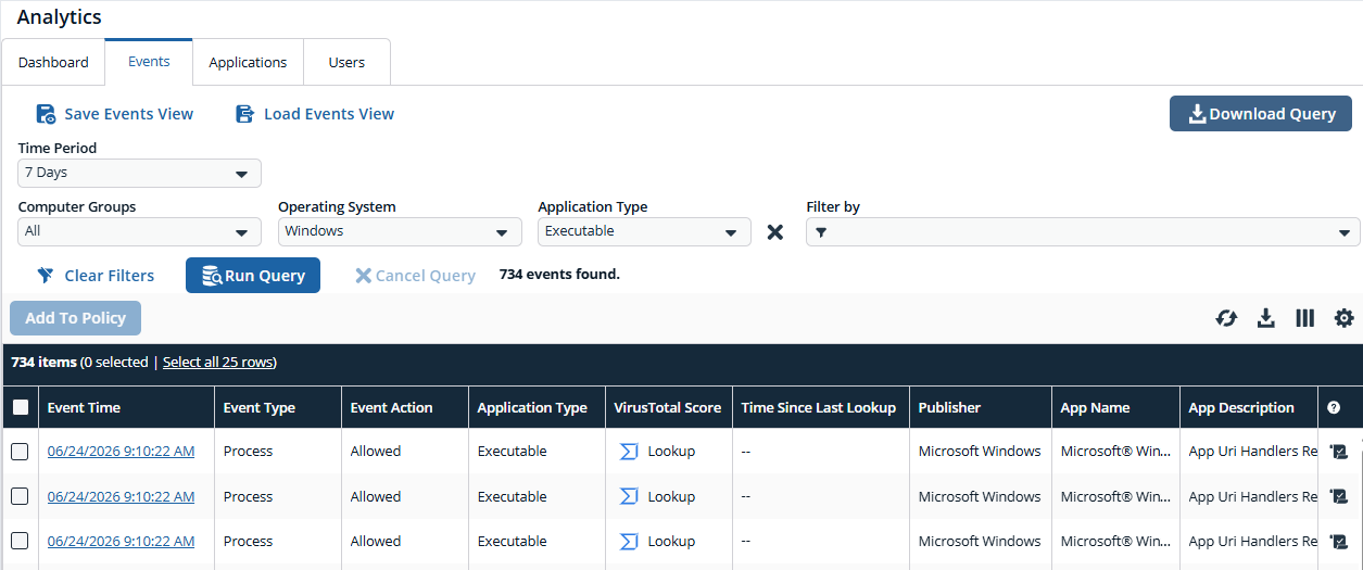 Events tab in Analytics with Run query