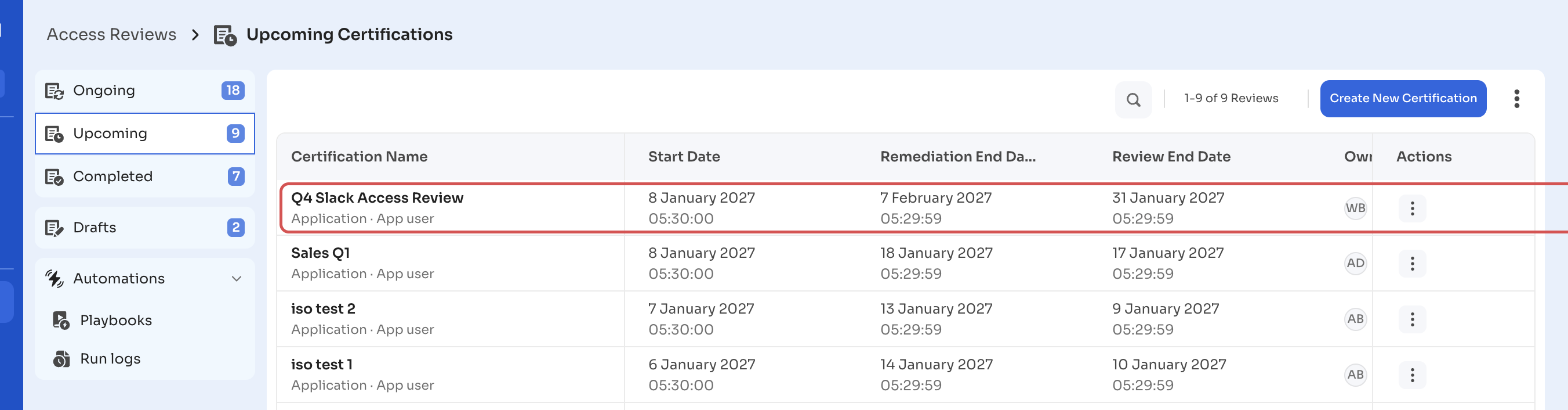 Upcoming tab showing the next instance of a recurring certification