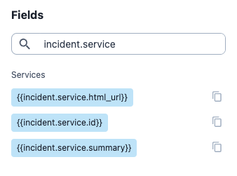 A screenshot of the PagerDuty web app showing where to search available fields