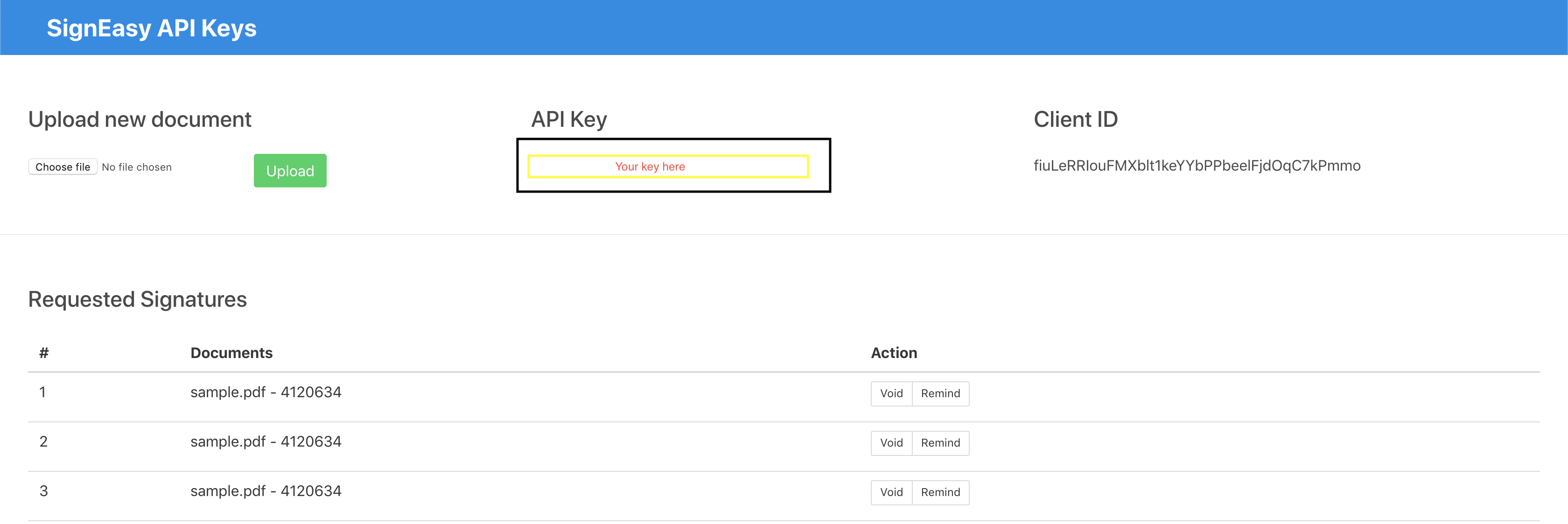 API Dashboard screen with the developer demo key.
