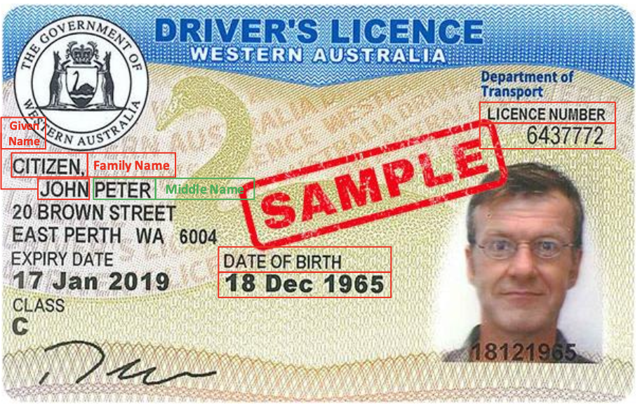 Western Australia Driver Licence sample - front