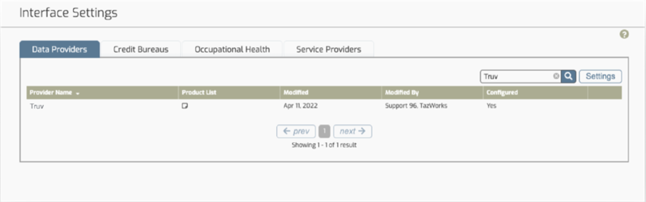 TazWorks user interface in the data provider tab with Truv credentials.