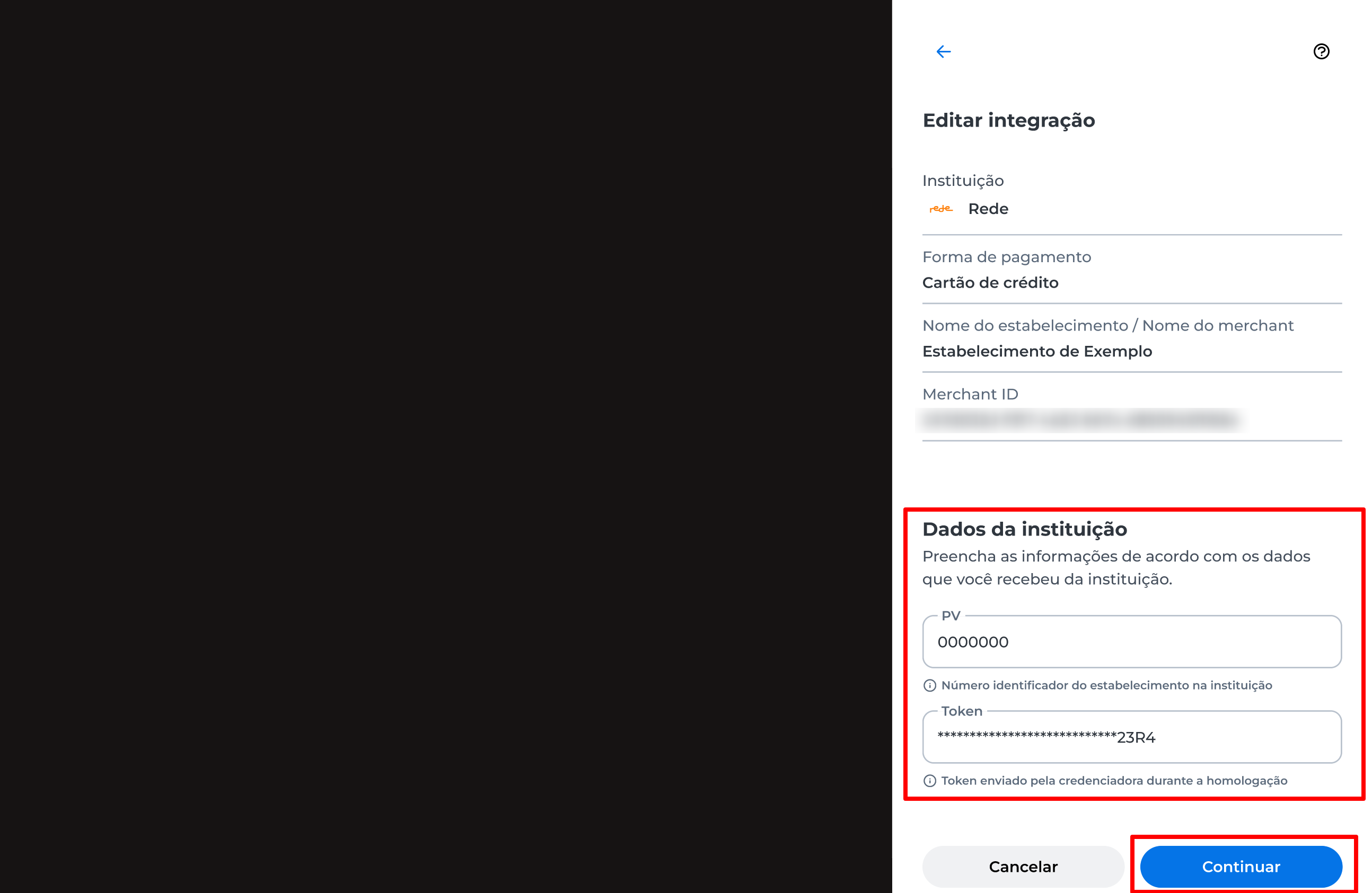 Janela atualizada exibindo campos editáveis para preenchimento de dados da integração, com o botão "Continuar" visível para prosseguir com a ação.