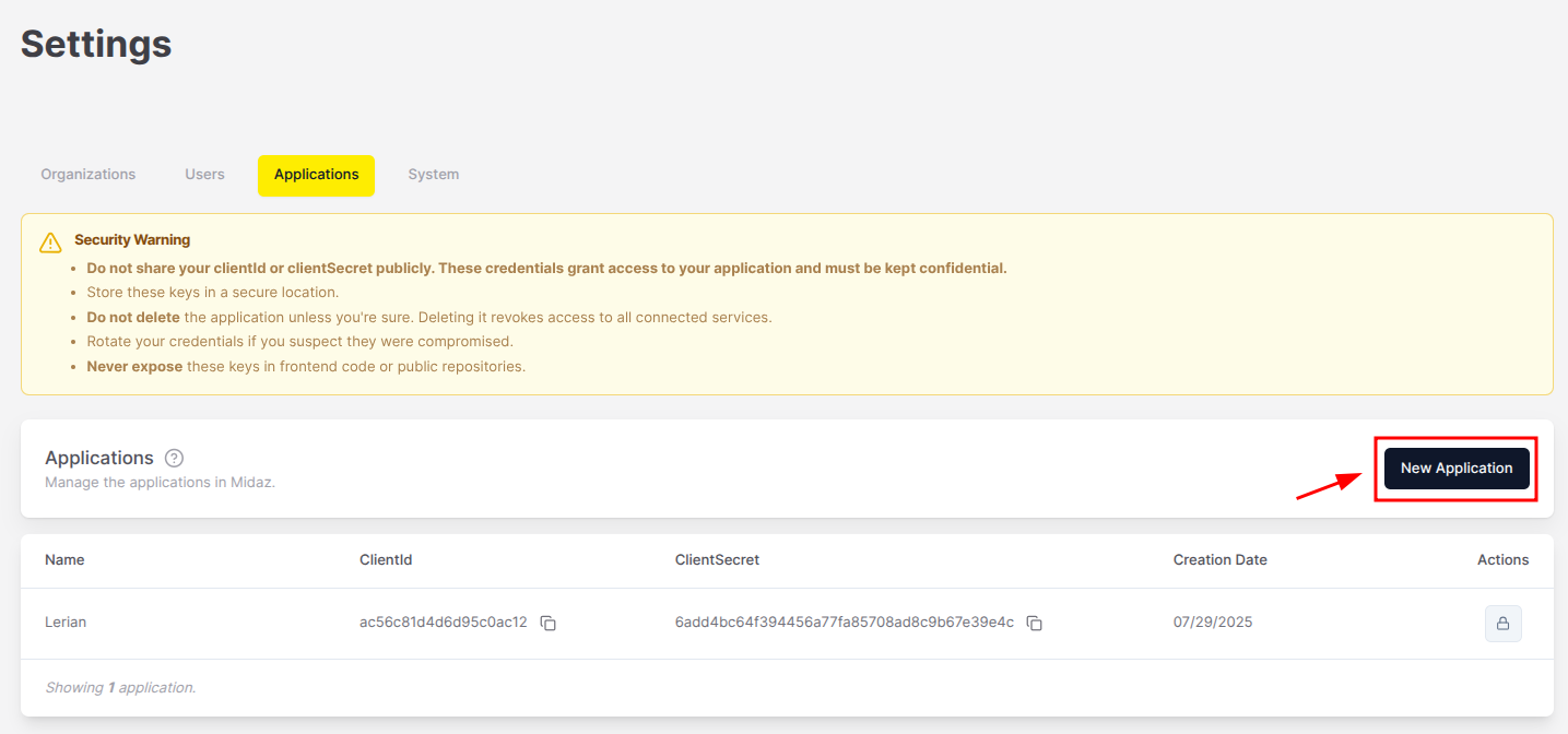Figure 2. The Applications page with the New Application button highlighted.