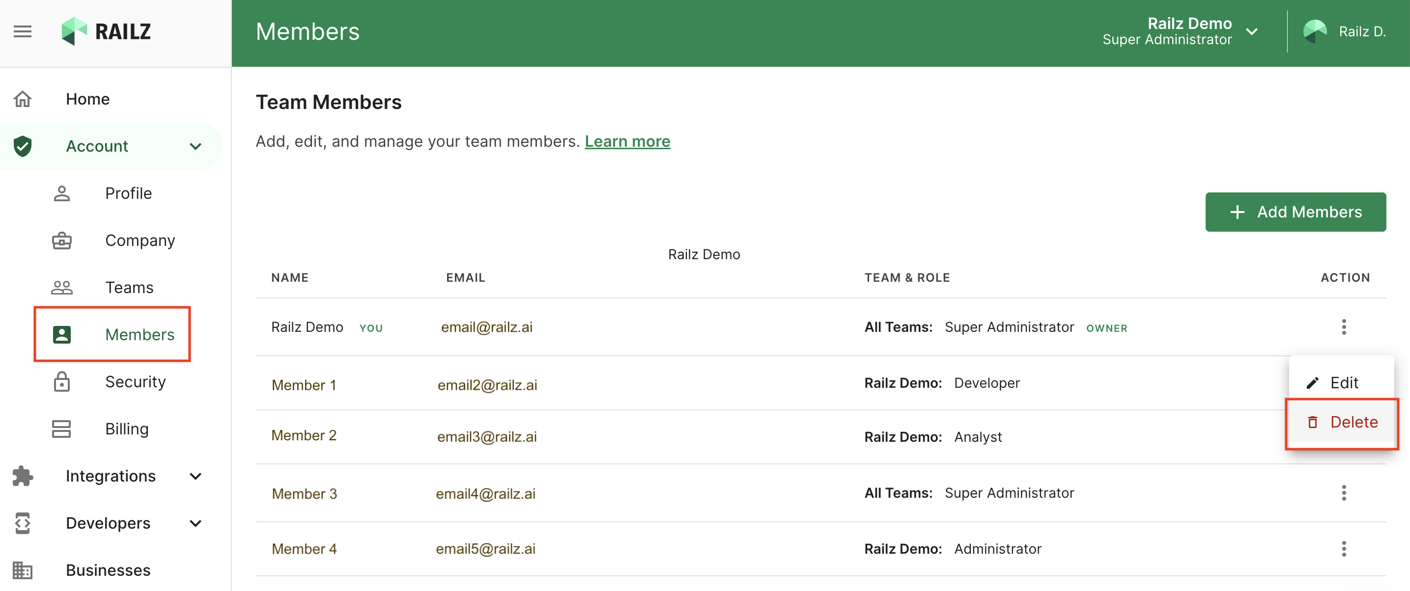 Manage team page in Railz Dashboard. Click to Expand.

