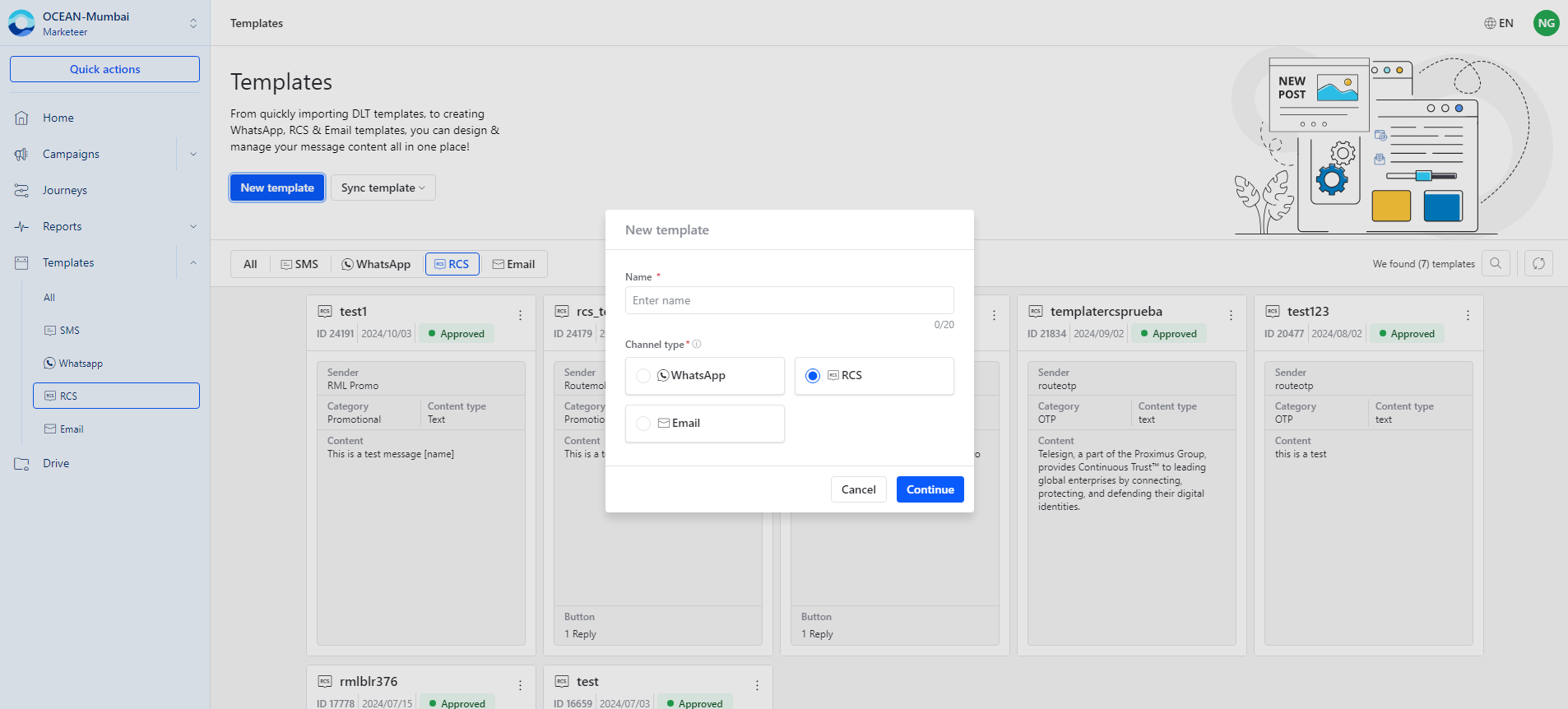 Create RCS template popup