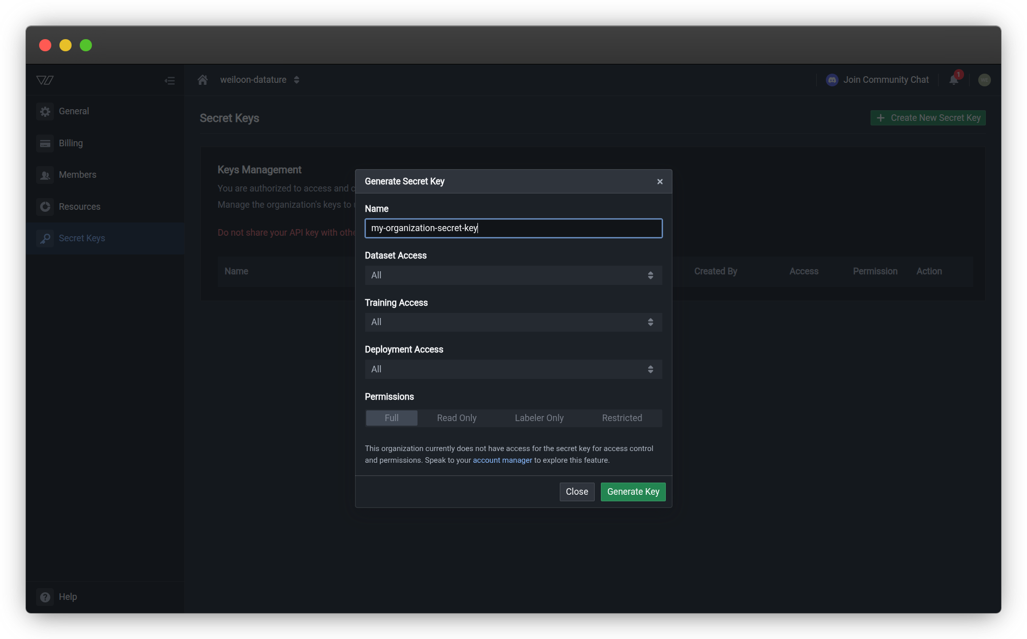 Generate Secret Key dialog with configuration options