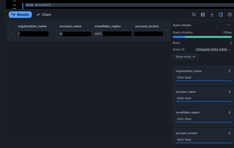 Fig. 4 - Results from `SHOW ACCOUNTS` query in Snowflake Worksheet