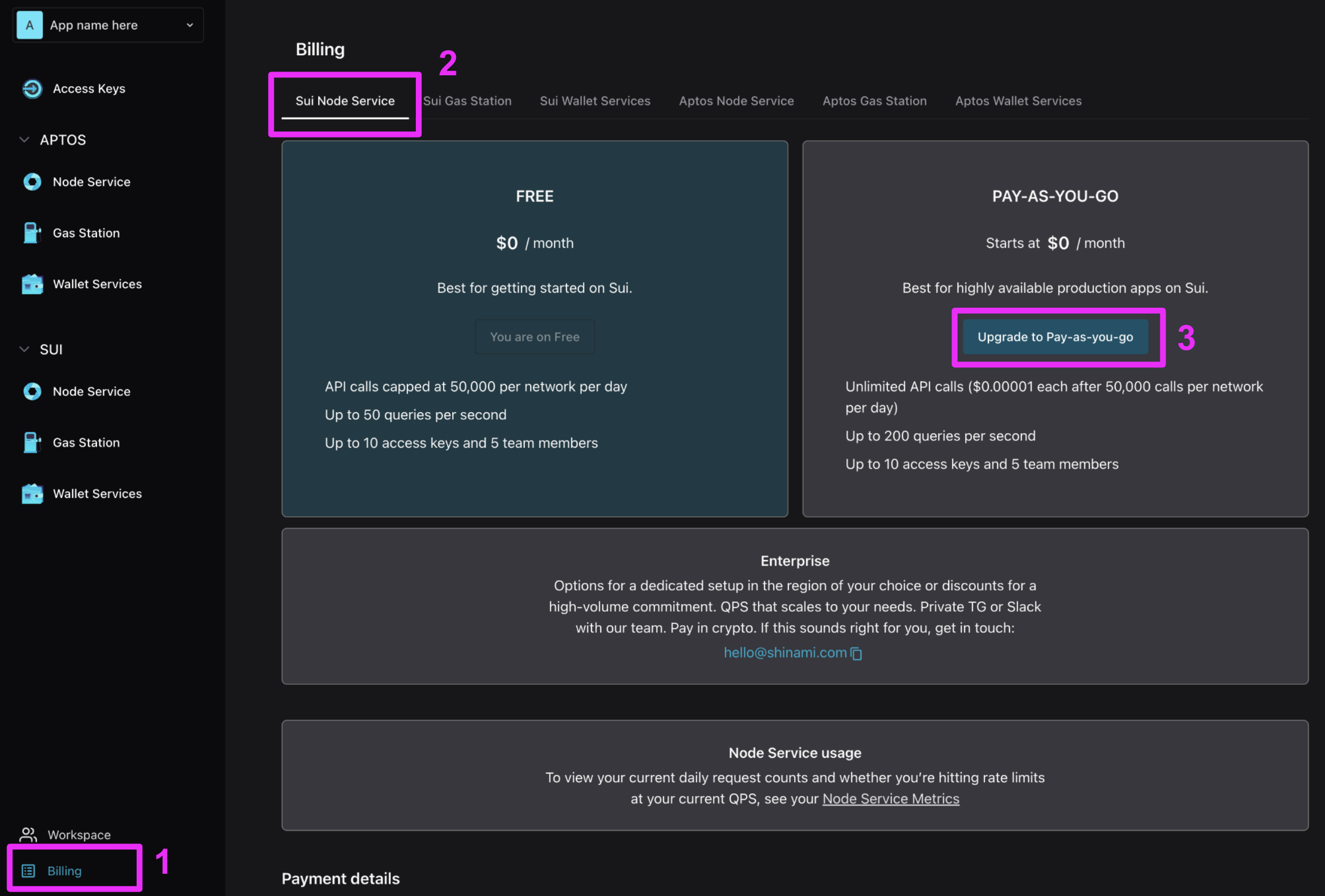 Step 1: select Billing page. Step 2: select Sui Node Service tab. Step 3 (if needed): upgrade 