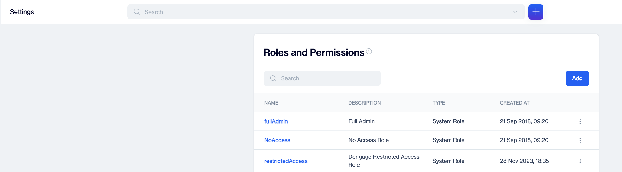 Roles and Permissions screen listing roles with Name, Description, Type, and Created At columns.
