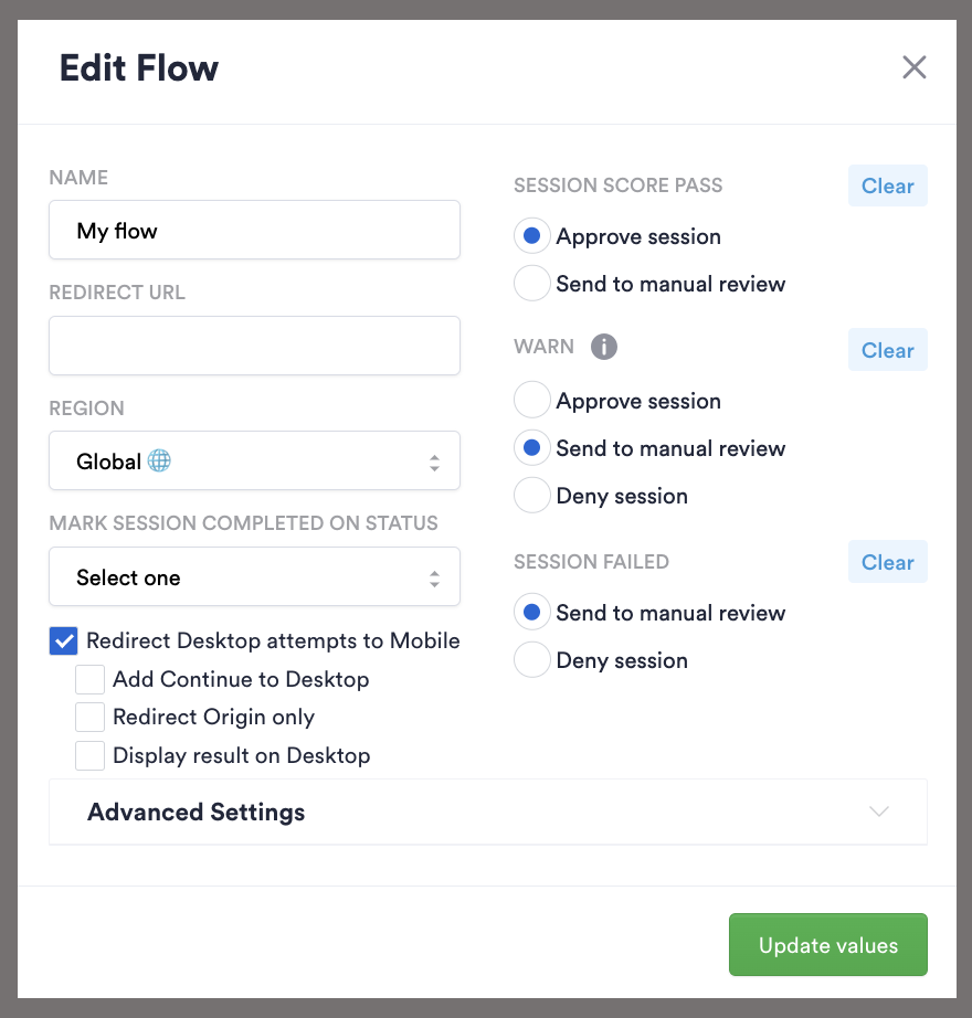 Flows checkbox to redirect desktop users to their mobile phone.