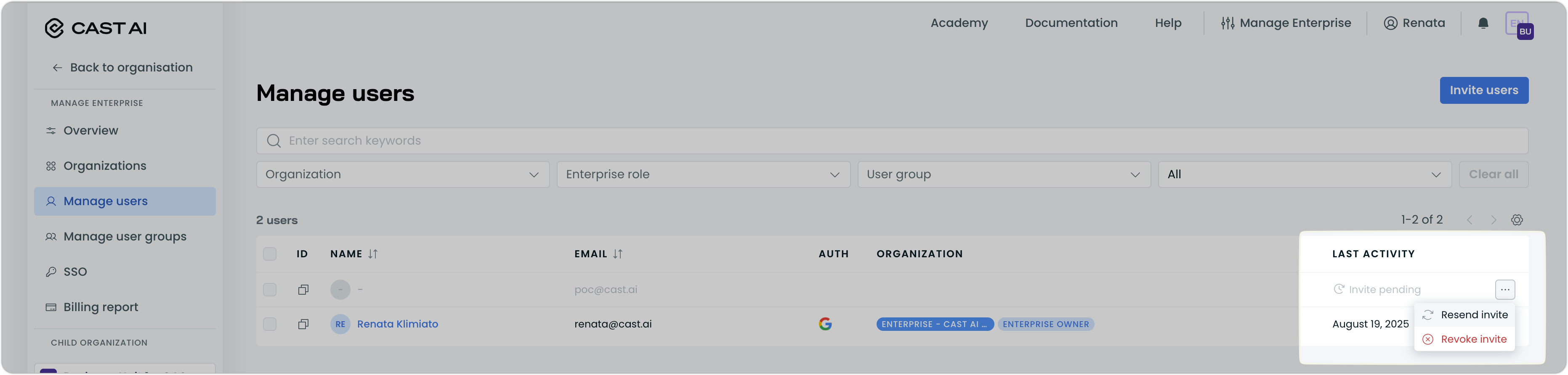 Pending invitation with Resend invite and Cancel invite action buttons
