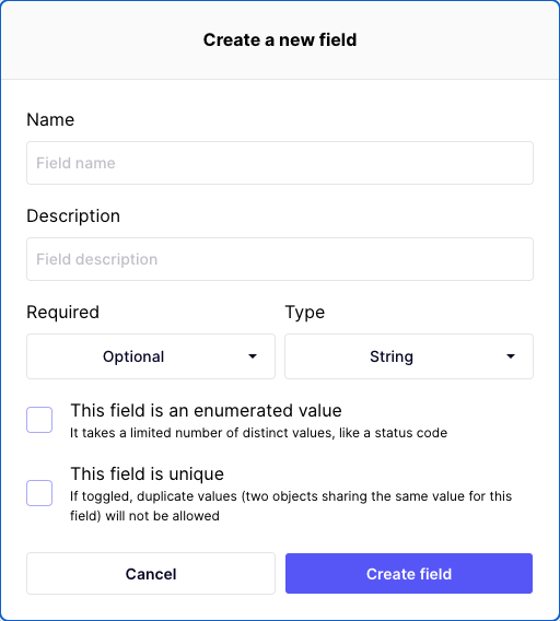 Empty field creation modale