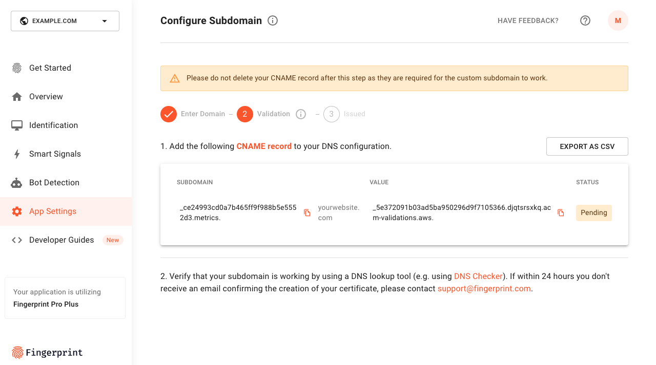 Screenshot of CNAME record in the Fingerprint dashboard