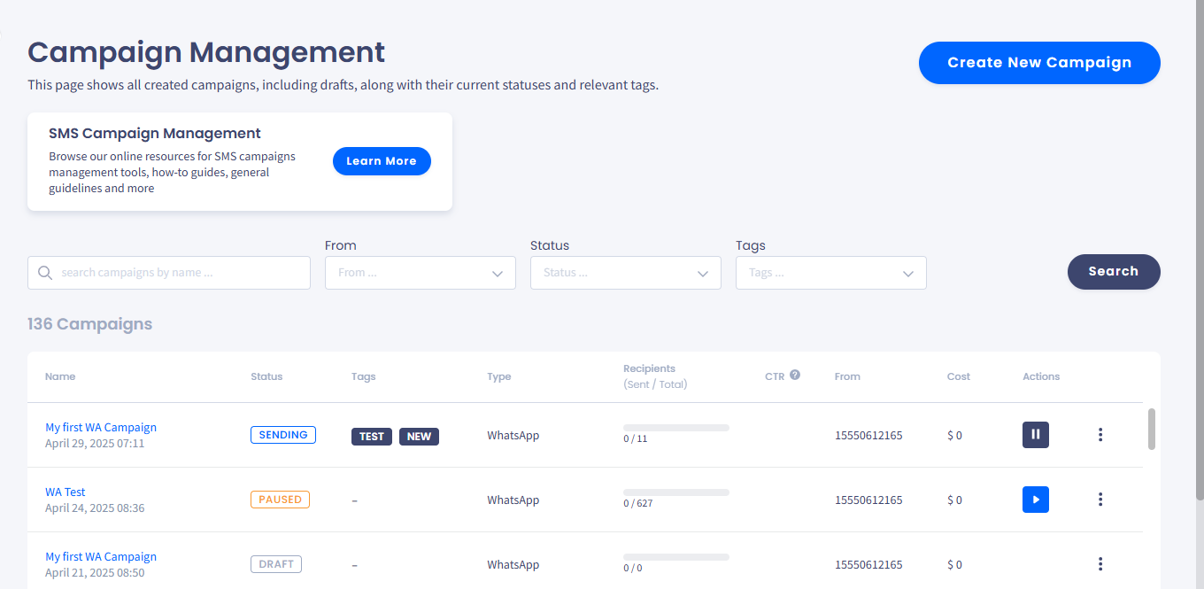 Screenshot of the WhatsApp campaign added to Campaigns table: Sending status