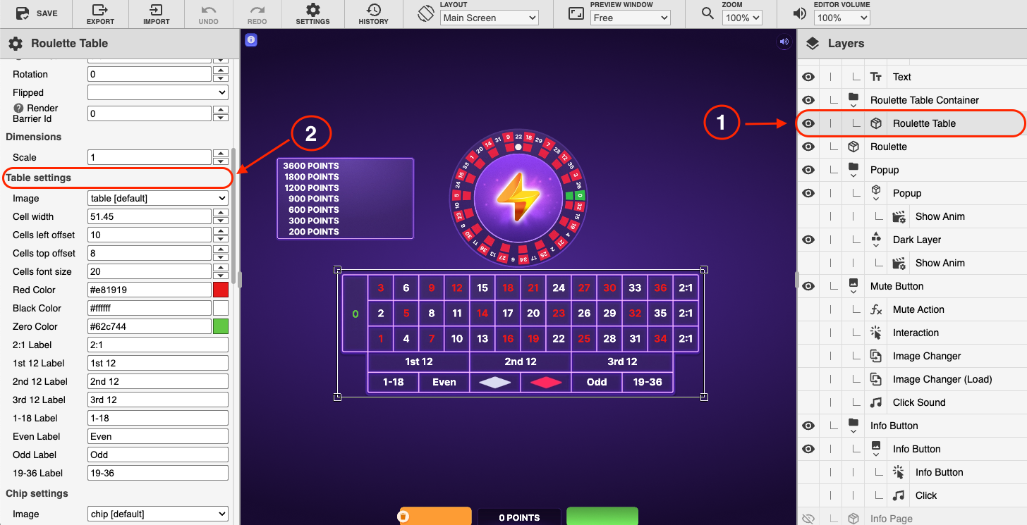 Table Settings in Roulette Editor