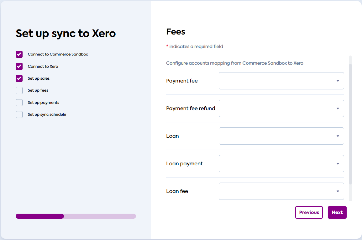 Sync UI **Fees** accounts screen where you can select the accounts to use to map the commerce data (scrolled up).