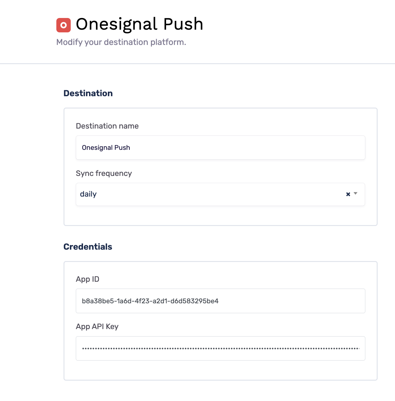 OneSignal destination setup modal showing the App ID and App API Key fields