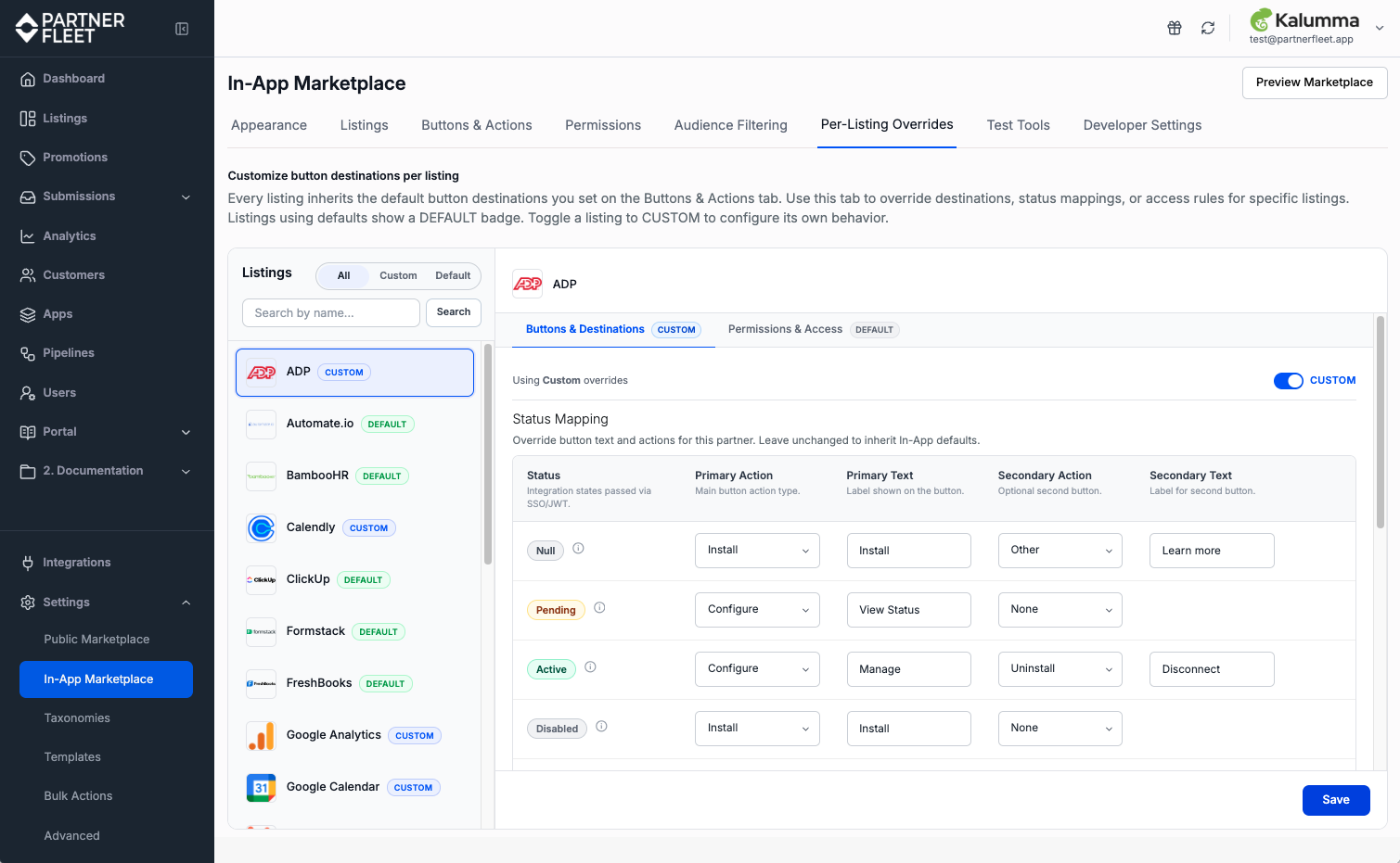 In-App Marketplace Per-Listing Overrides tab showing listings and configuration panels for custom overrides