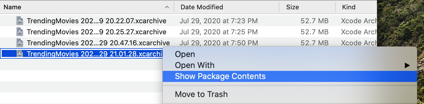 show-package-contents.png Opening an xcarchive bundle by right clicking > Show Package Contents
