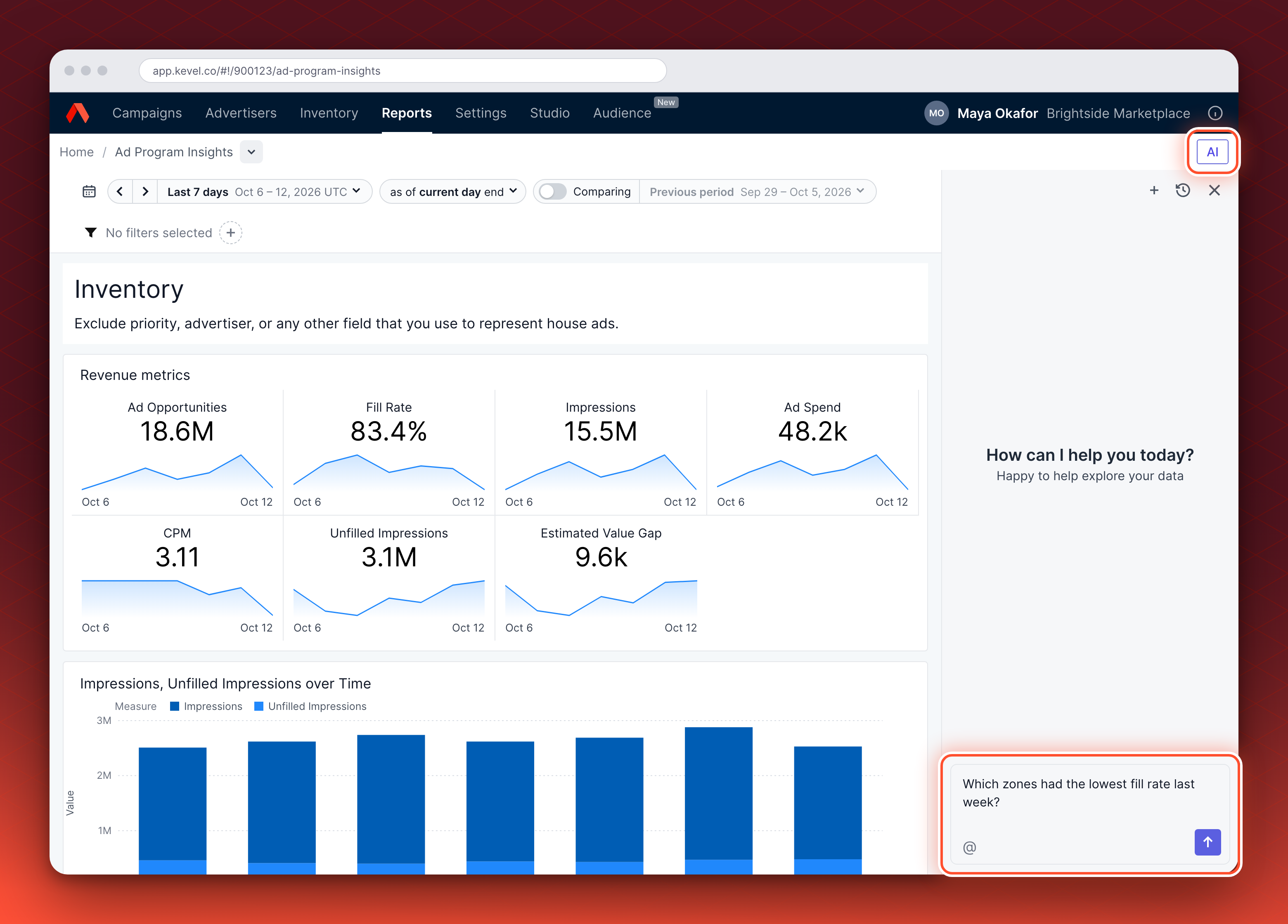 The Ad Program Insights dashboard with the AI pane open on the right: the greeting How can I help you today, and a question typed in the message box.