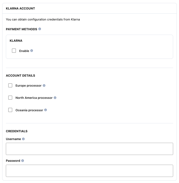 A screenshot showing the Klarna account fields.