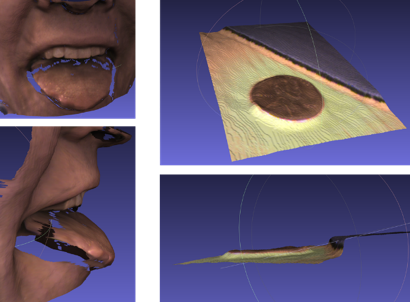 Figure 14. Intel RealSense D405 mobile module modified for focus at 6cm range, showing a 3D snapshot of a mouth, and a penny placed near mouse mat. The RMS error was about 60 microns. This was achieved with no external projector usage.