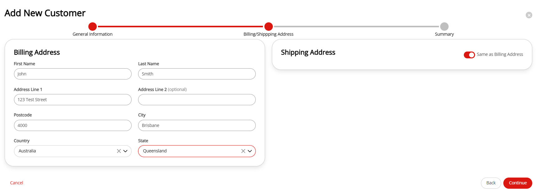 The Create Customer wizard showing the billing address with optional shipping address toggle