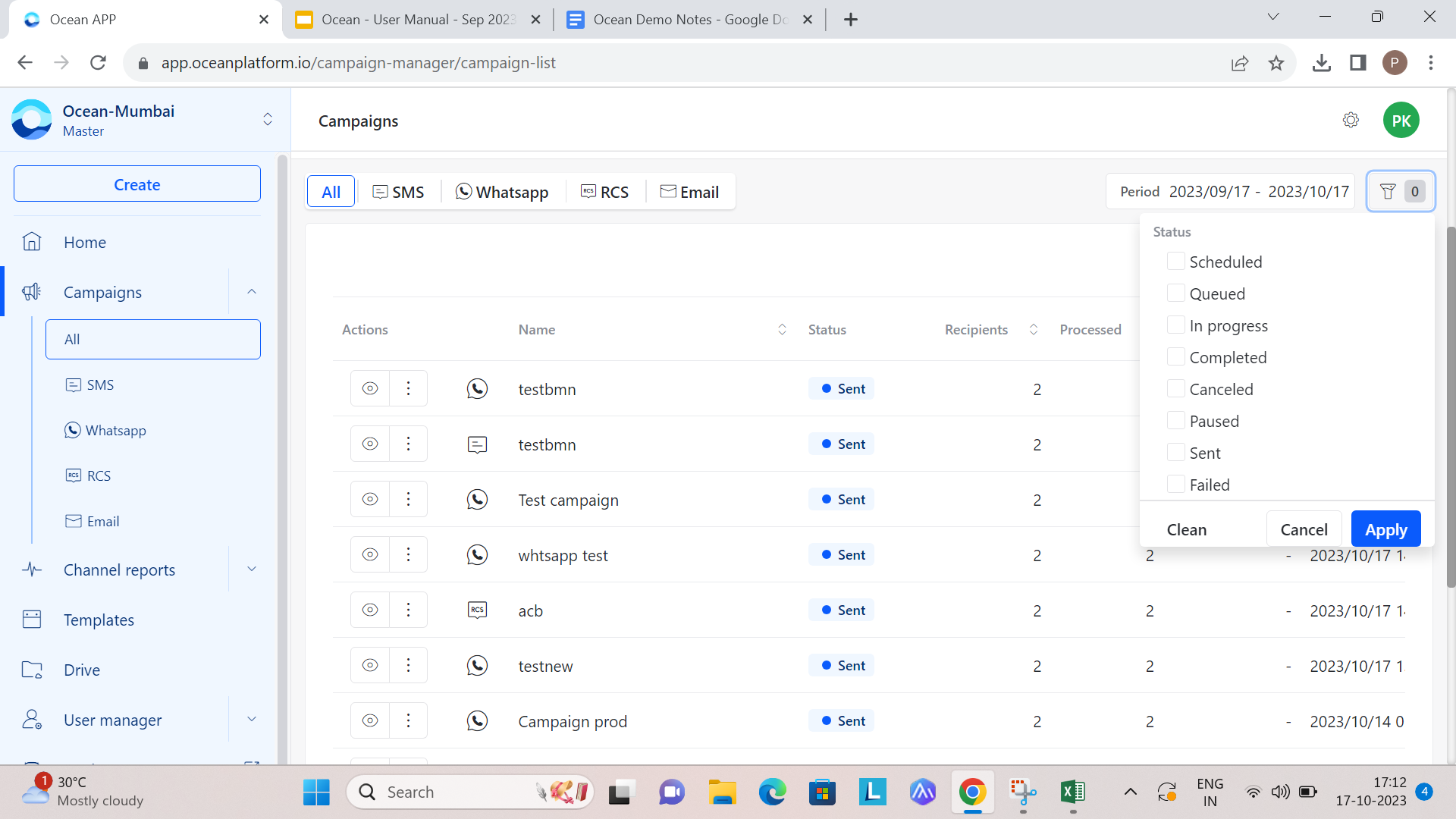 Campaigns dashboard filters and report table