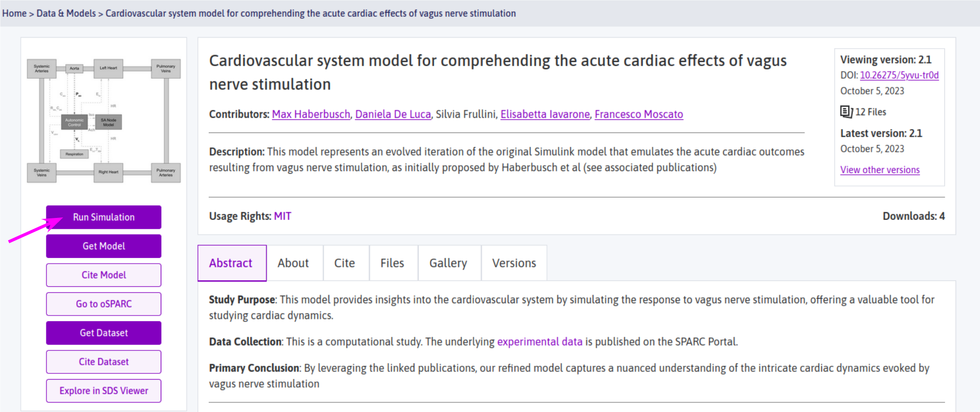 Figure 1: Cardiovascular system model dataset on the SPARC Portal