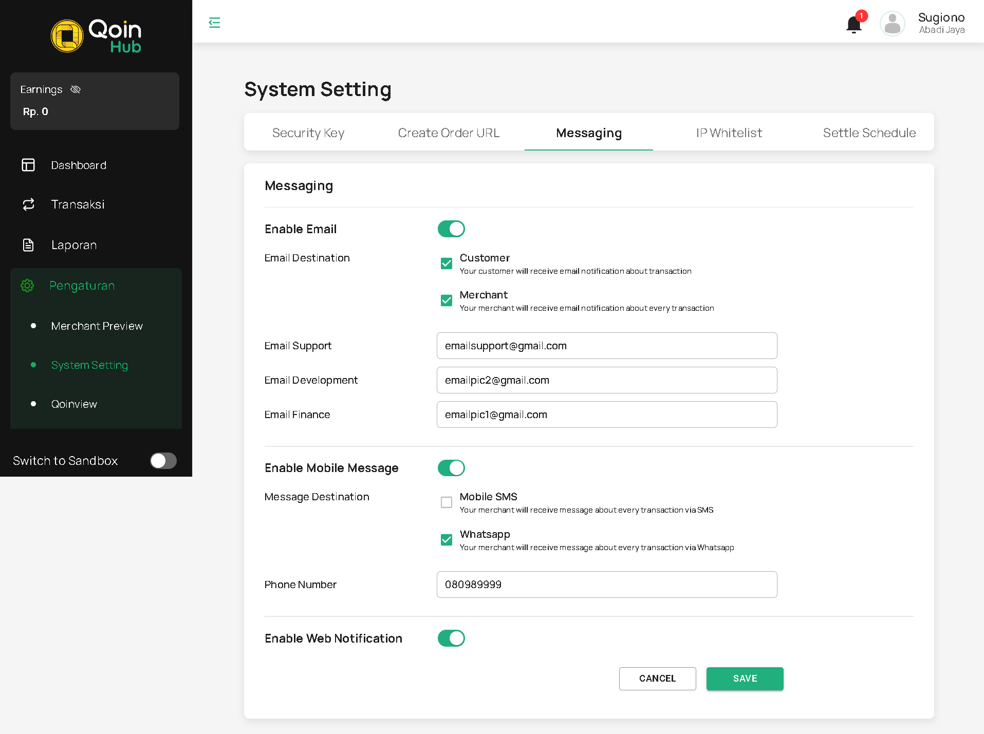 Halaman System Setting – Messaging (Edit)