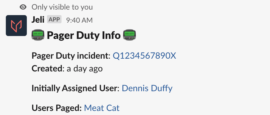 A screenshot of the Slack UI detailing PagerDuty incident details