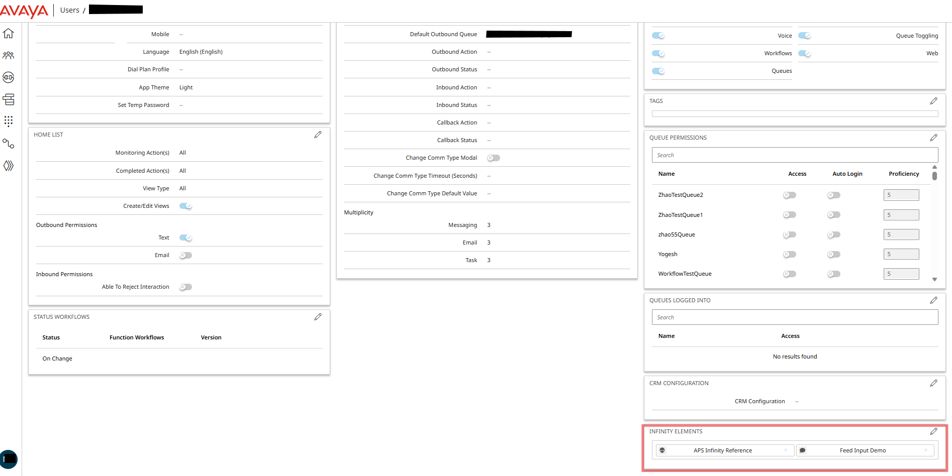 Avaya Infinity Admin - User's Infinity Elements Config