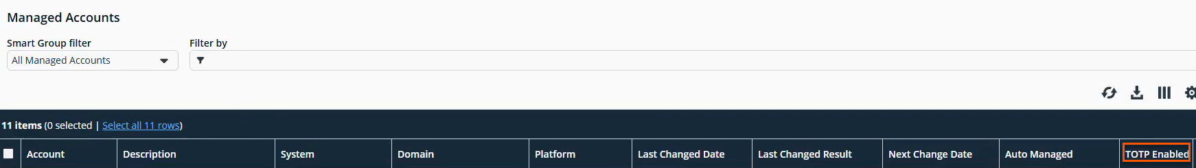 Managed Accounts table with filters and columns including TOTP Enabled highlighted.