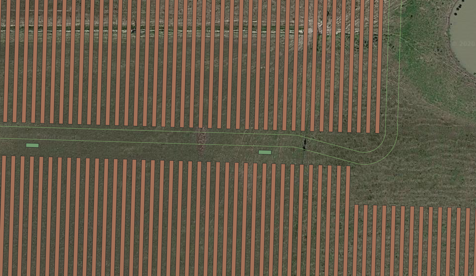 These are KMLs with row outlines, road/fence boundaries, and equipment-pad locations