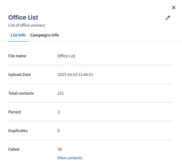 Screenshot of the **Actions > List Info** tab