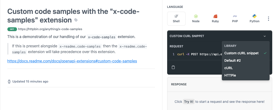 Screenshot of the API Explorer with an example spec utilizing the x-code-samples extension. Note the dropdown showing different snippets for the cURL (Shell) language.