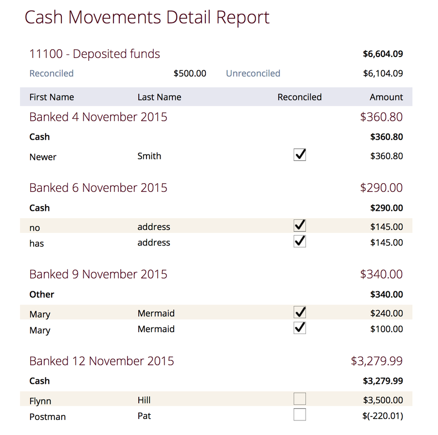 Reconciling a series of bank deposits from the PDF cash movements details report