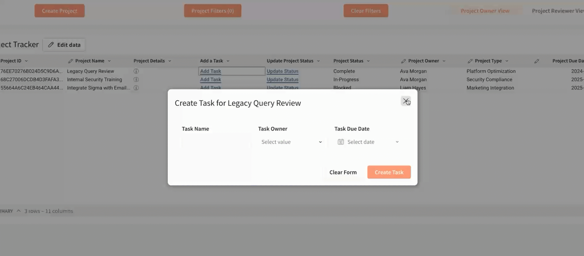 A gif shows a user demonstrating a project tracker application, adding a task to a project.