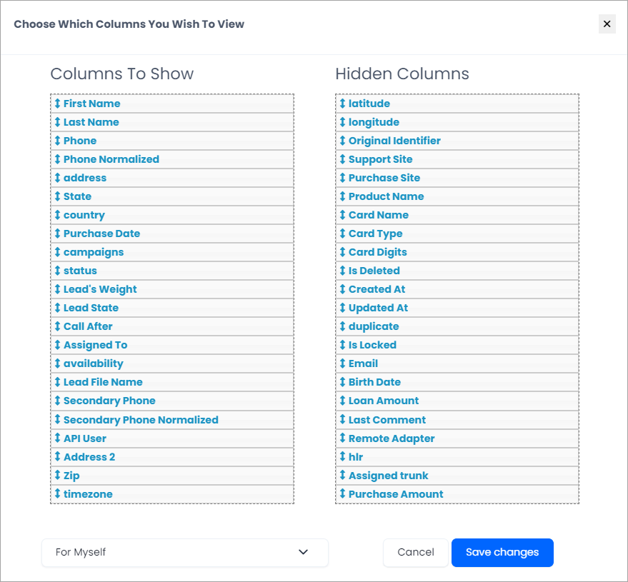 Screenshot of the Configure Columns window