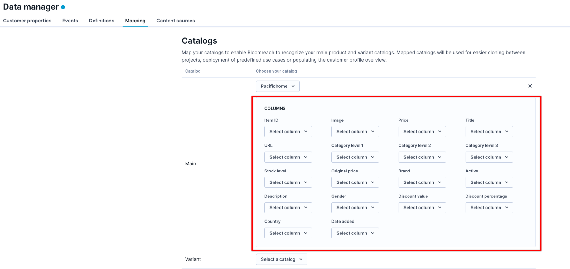 Data manager mapping view showing the Columns panel used to map catalog attributes—item ID, URL, stock level, price, title, category levels, brand, and discount fields—for a non–Data hub integration.
