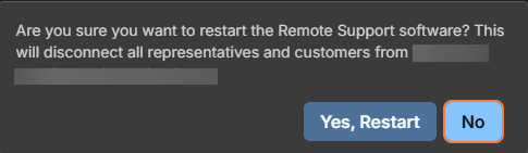 Are you sure you want to restart the Remote Support software? This will disconnect all representatives and customers from paxton-thomas.example.com.